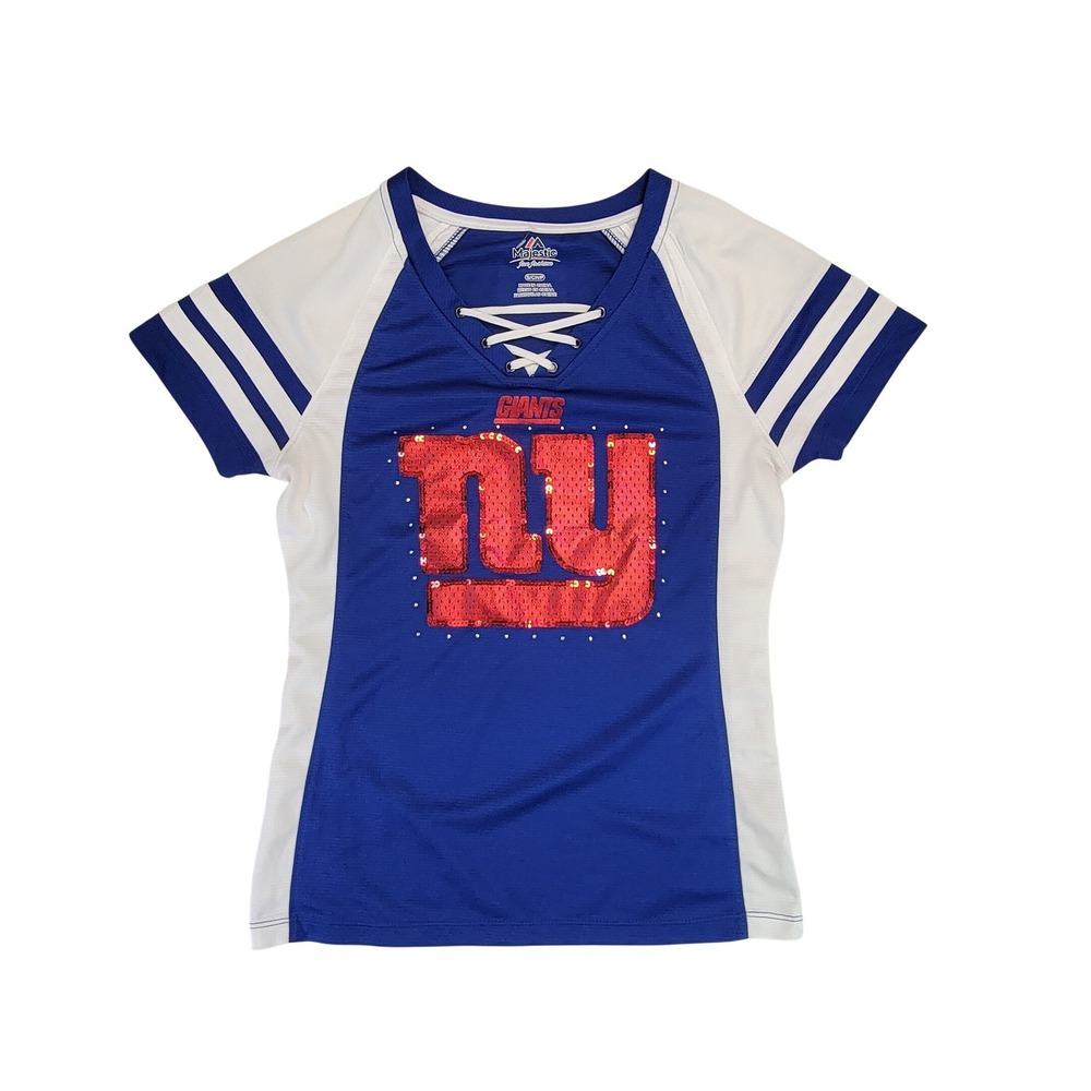 Majestic New York Giants Womens S Short Sleeve Sequin NY Logo Lace Up Shirt‎